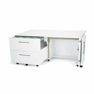 White Diva Sewing Cabinet (1211) from Kangaroo Sewing Furniture with drawers opened and quilt leaf