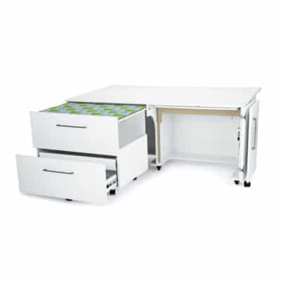 White Diva Sewing Cabinet (1211) from Kangaroo Sewing Furniture fully opened with large worksurface