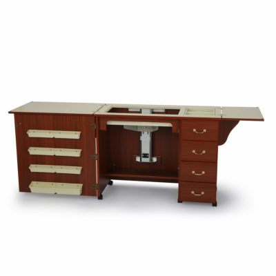 Cherry Norma Jean Sewing Cabinet (352) from Arrow Sewing Furniture fully opened with sewing lift in flat bed sewing position