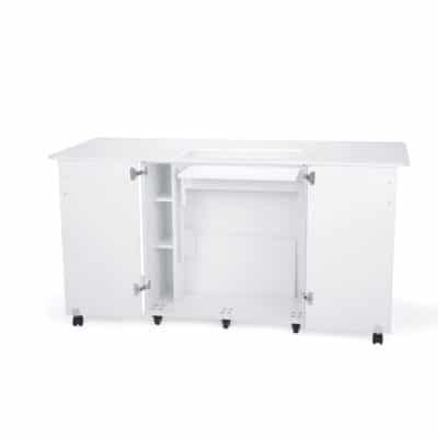 White Emu Sewing Cabinet (K9411) from Kangaroo Sewing Furniture in flat bed position and side leaves extended