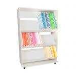 White 3 Shelf Fabric Display (3531) from Arrow Sewing Furniture with colorful fabric